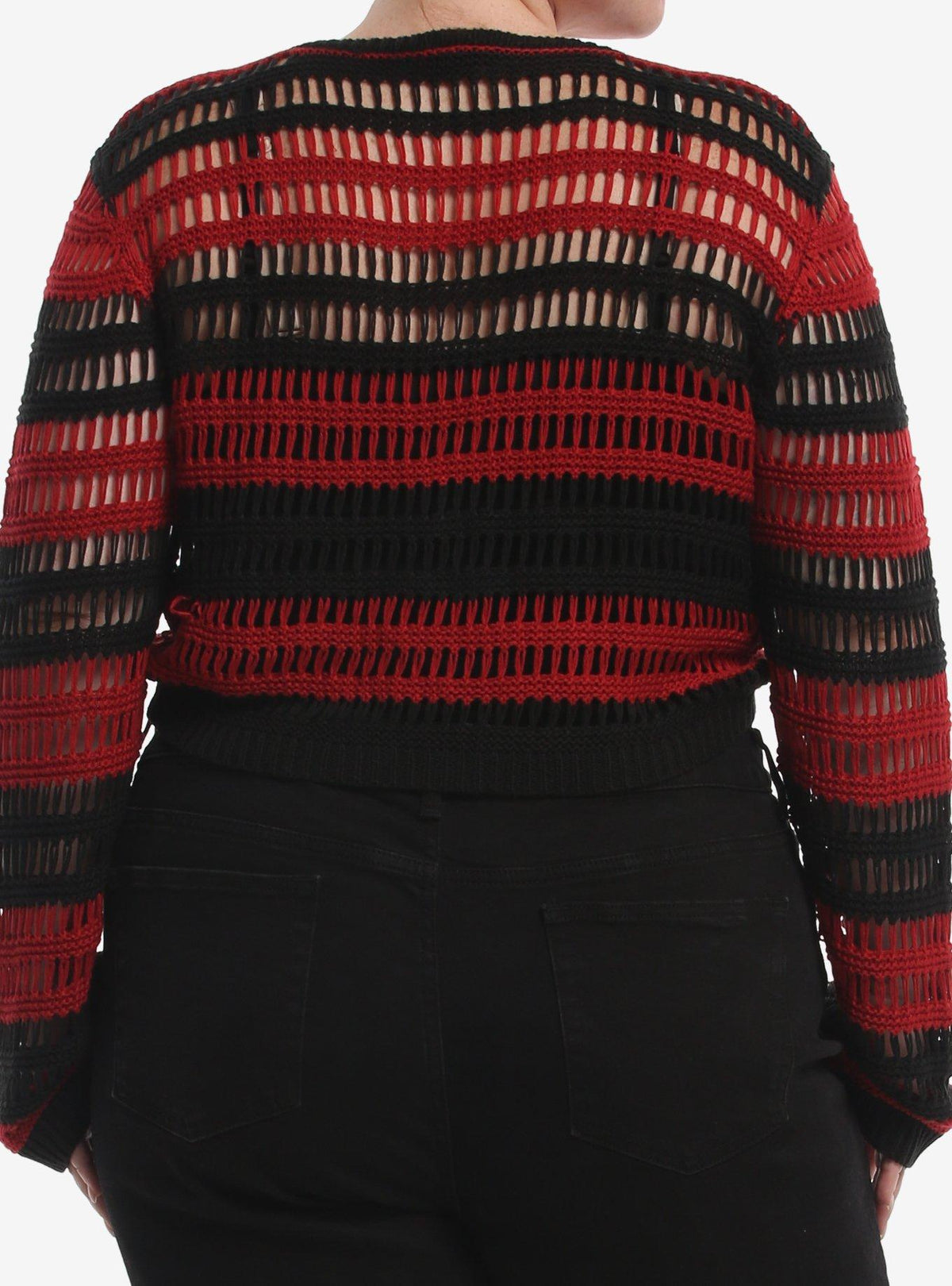 Bolero tejido de rayas rojas y negras con estrellas