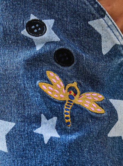 Jardinera de mezclilla Coraline con estrellas para mujer