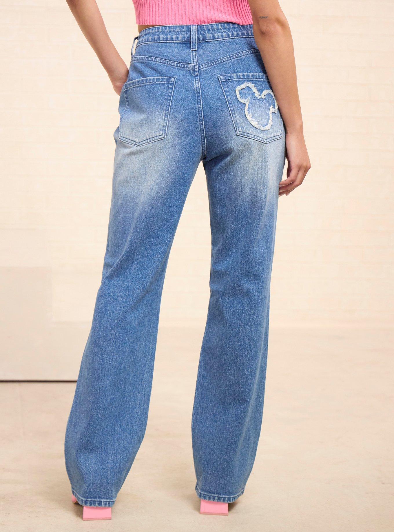 Jeans rectos de tiro alto con parches de Mickey Mouse