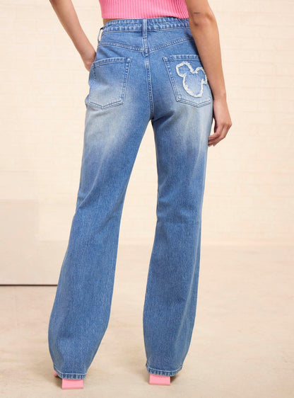 Jeans rectos de tiro alto con parches de Mickey Mouse