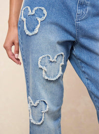 Jeans rectos de tiro alto con parches de Mickey Mouse