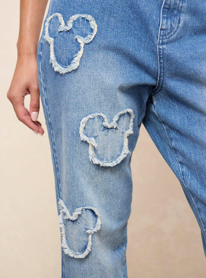 Jeans rectos de tiro alto con parches de Mickey Mouse