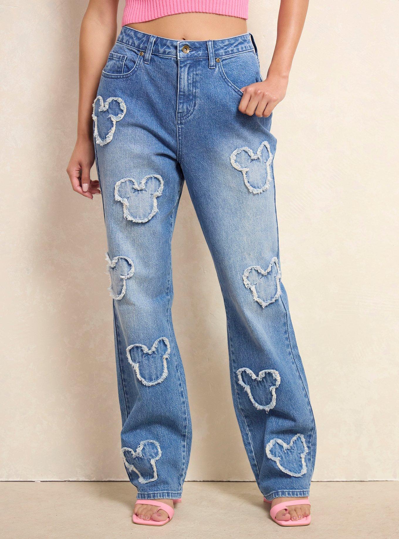 Jeans rectos de tiro alto con parches de Mickey Mouse