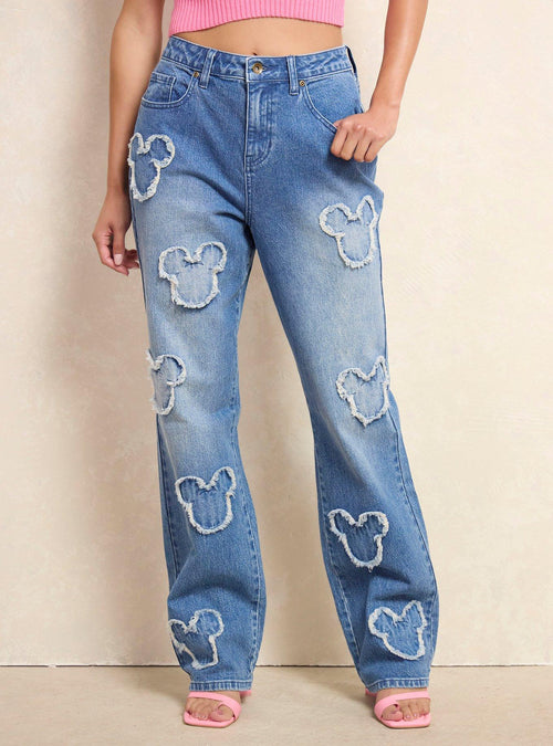 Jeans rectos de tiro alto con parches de Mickey Mouse