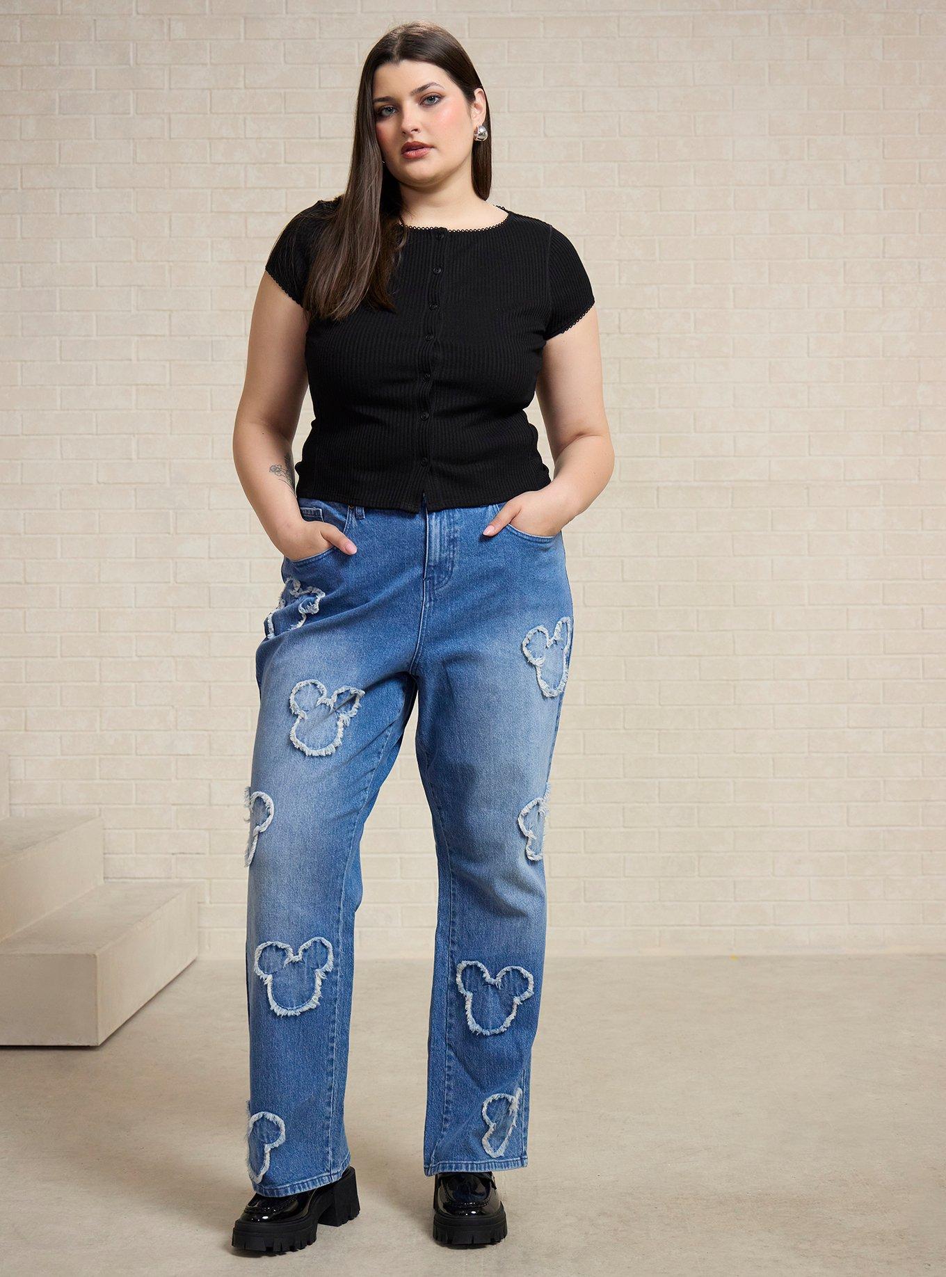 Jeans rectos de tiro alto con parches de Mickey Mouse