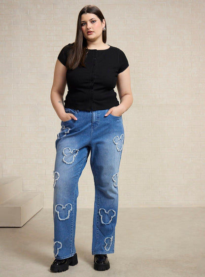 Jeans rectos de tiro alto con parches de Mickey Mouse