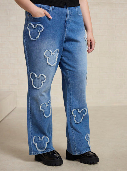Jeans rectos de tiro alto con parches de Mickey Mouse