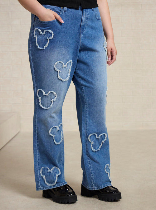 Jeans rectos de tiro alto con parches de Mickey Mouse