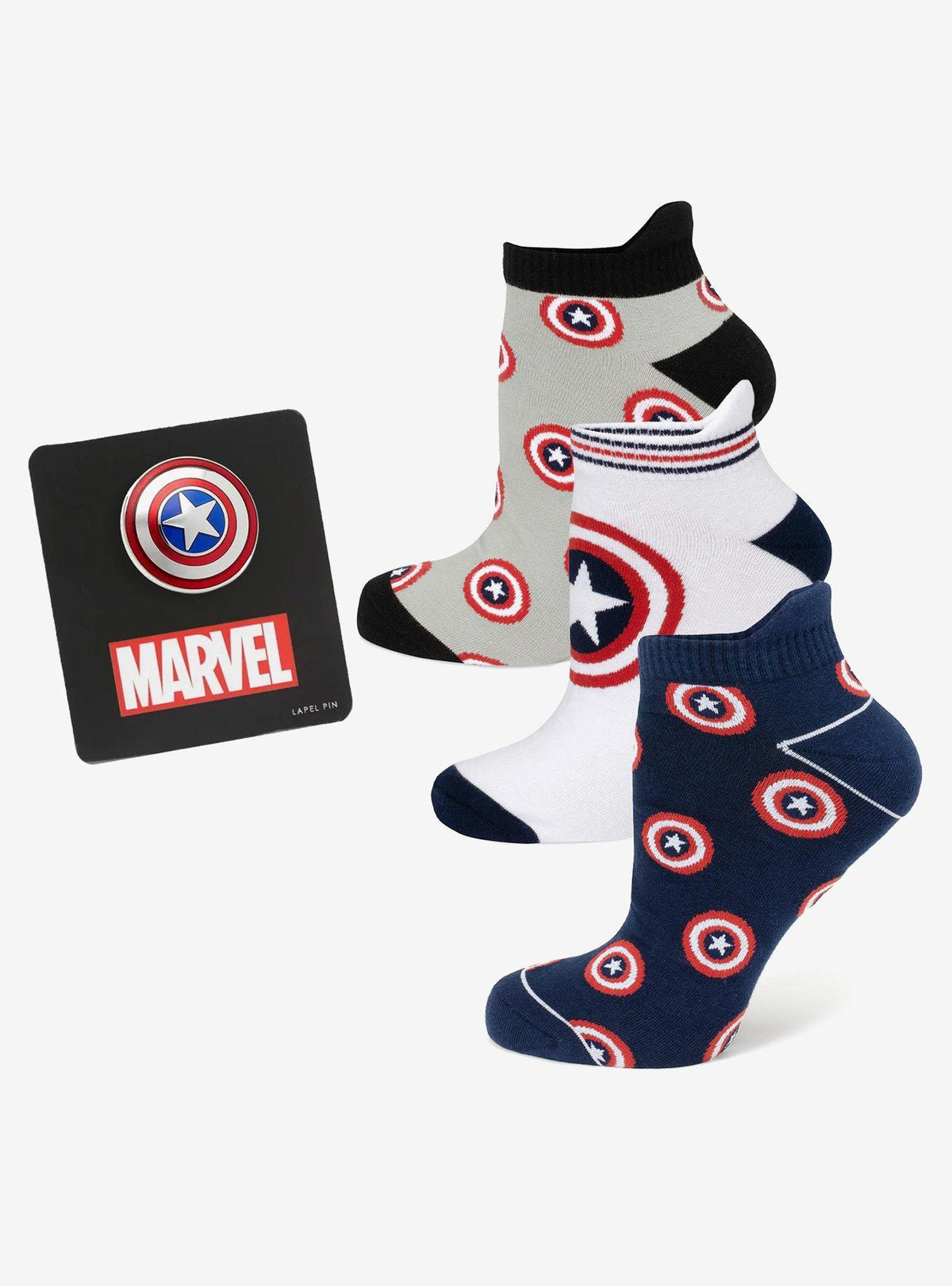 Calcetines tobilleros Captain America, 3 pares y pin