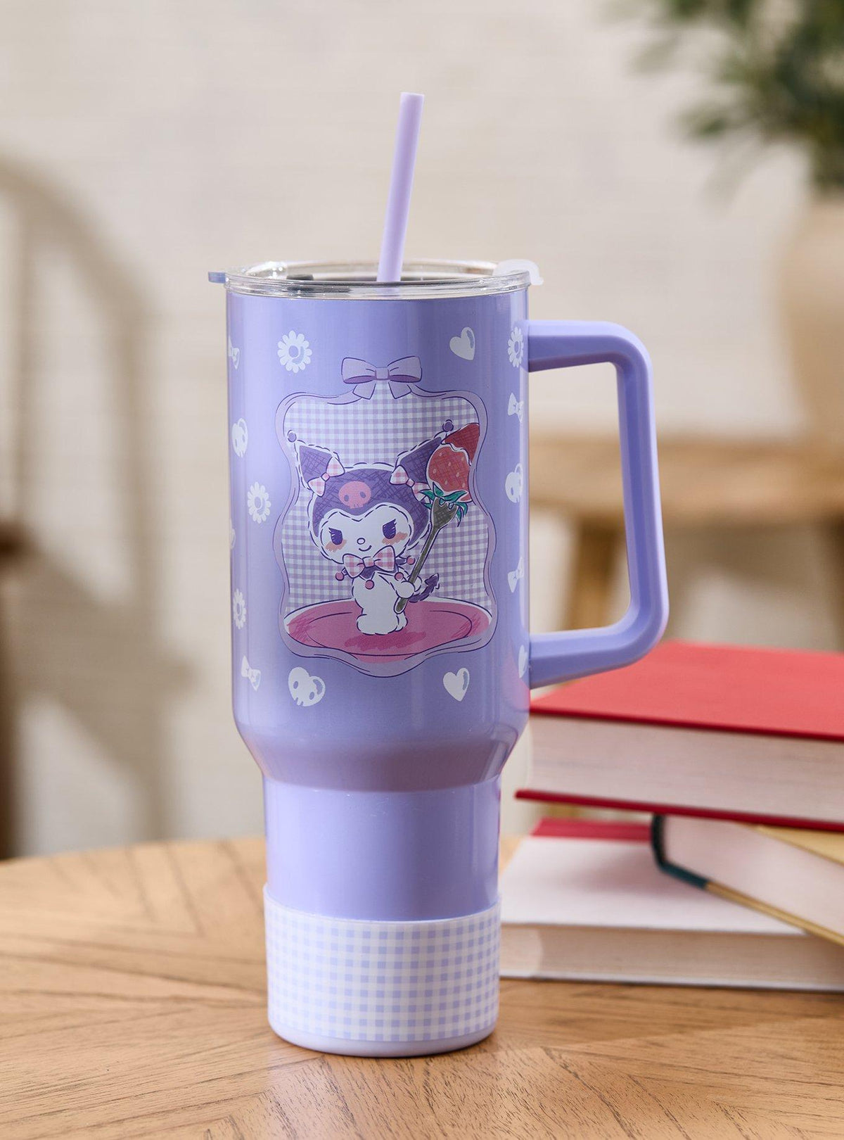 Vaso térmico Sanrio Kuromi morado con bombilla y asa