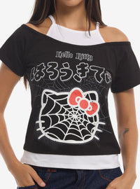Polera Hello Kitty con hombros descubiertos y telarañas