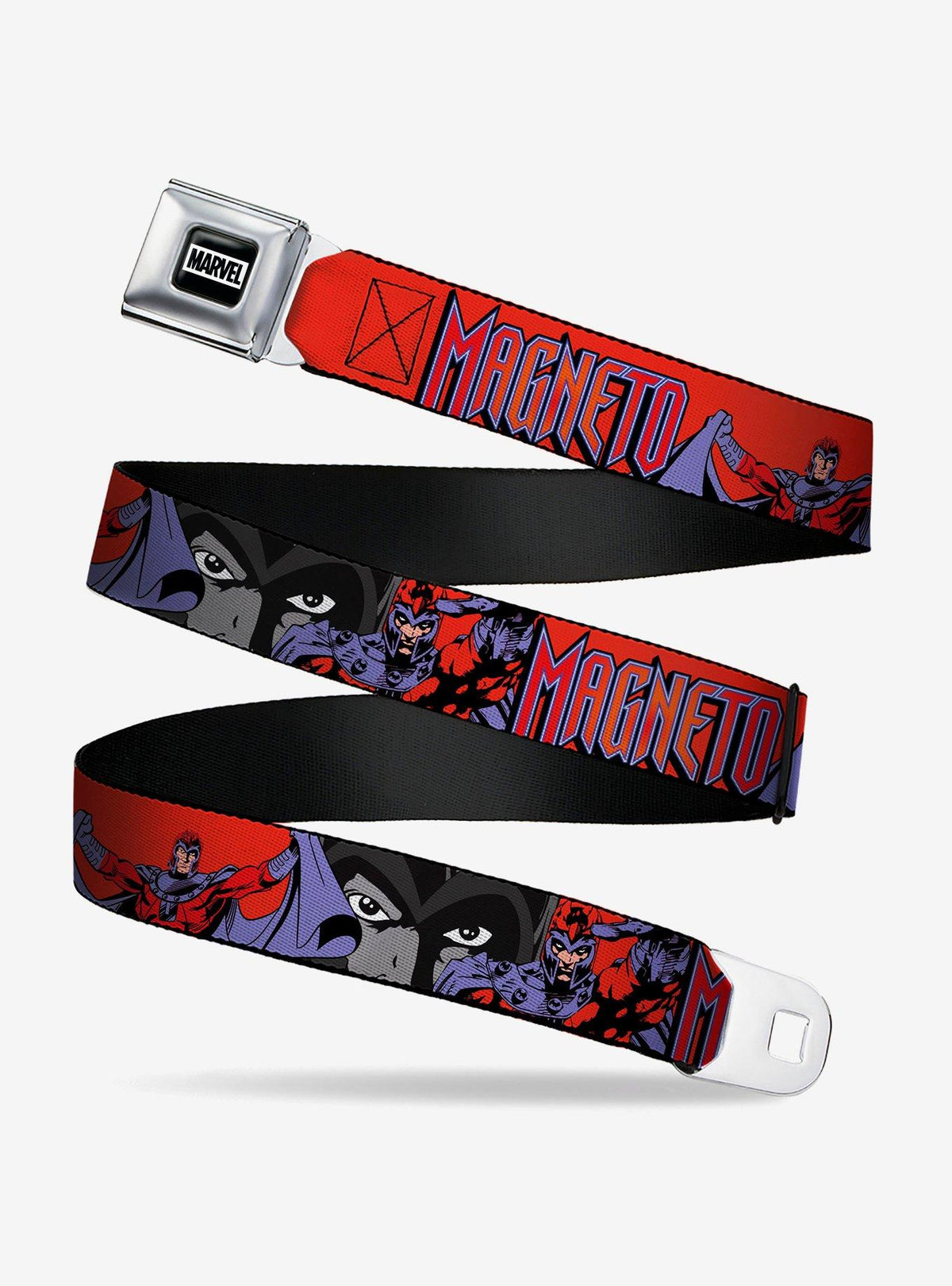 Cinturón rojo X-Men con Magneto y hebilla tipo cinturón de seguridad