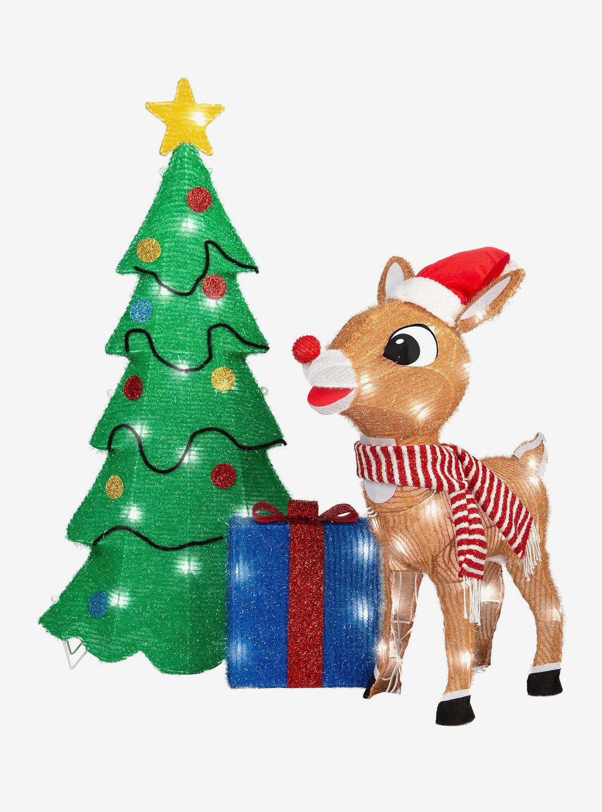 Escultura luminosa 3D de Rudolph con árbol y regalos, 61 cm