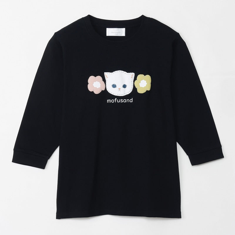 Polera negra Mofusand de manga 3/4, gato blanco