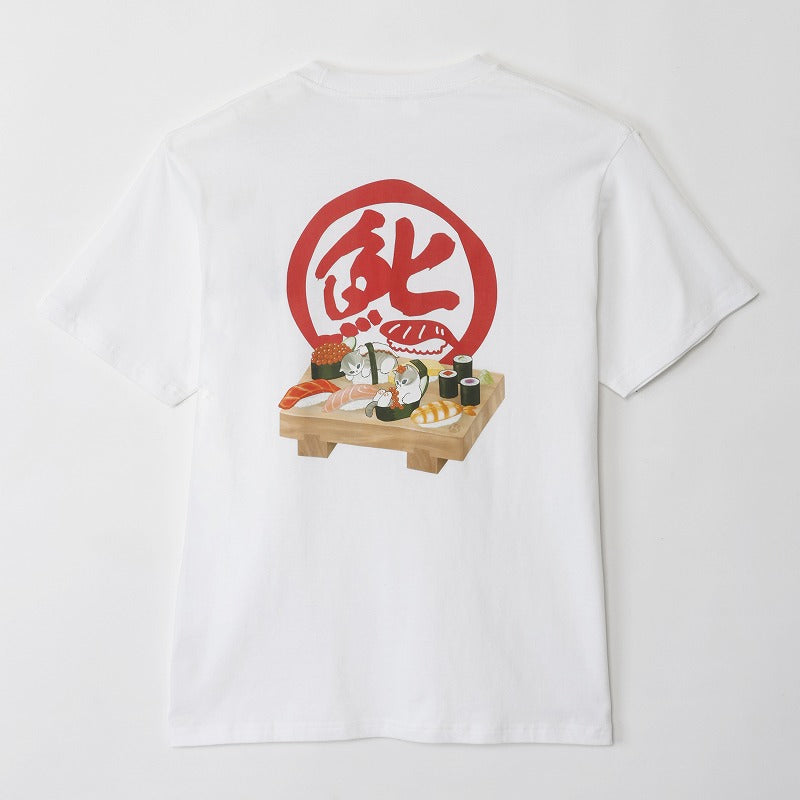 Polera blanca Mofusand con diseño de sushi