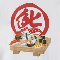 Polera blanca Mofusand con diseño de sushi