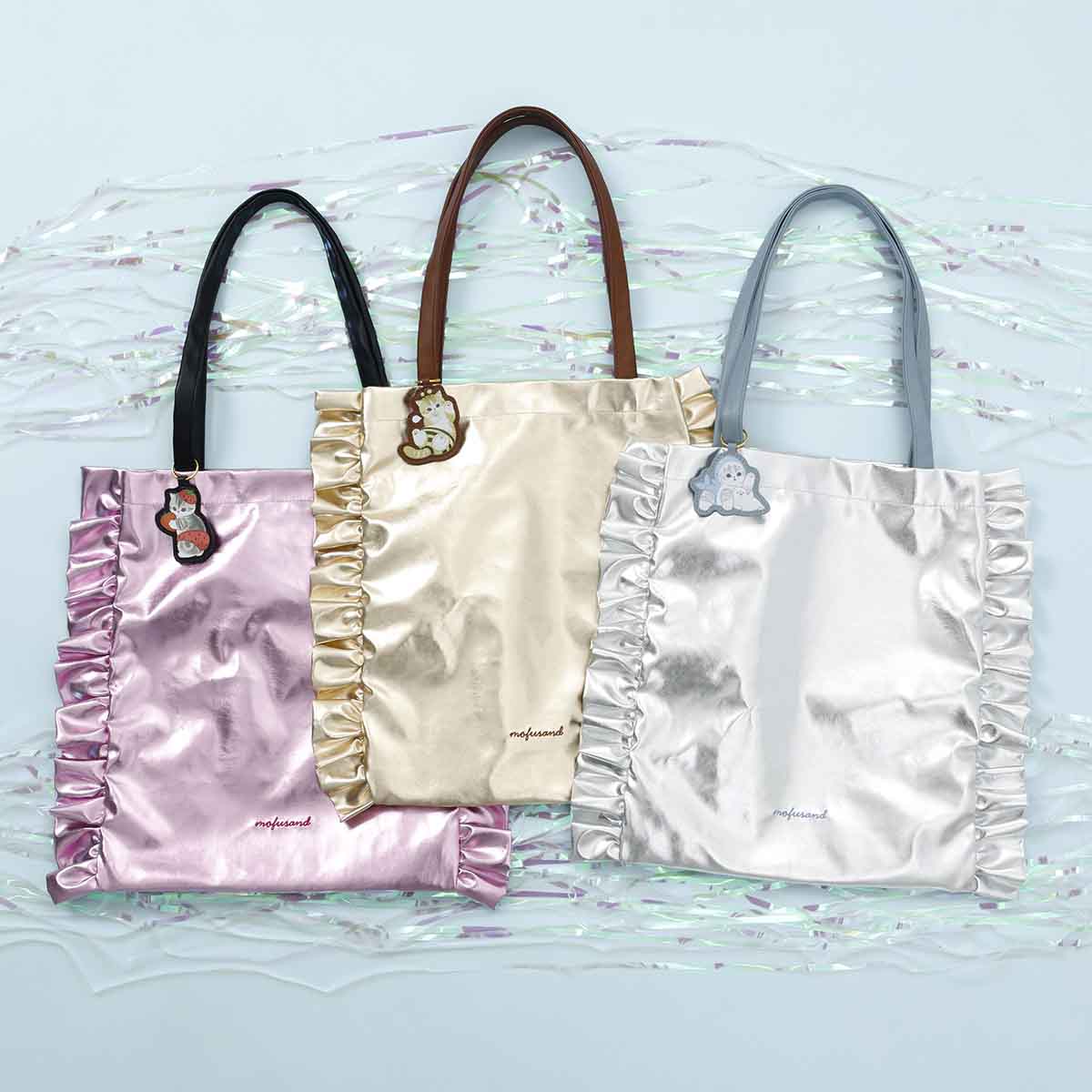 Bolso tote rosado brillante Mofusand con gato frutilla