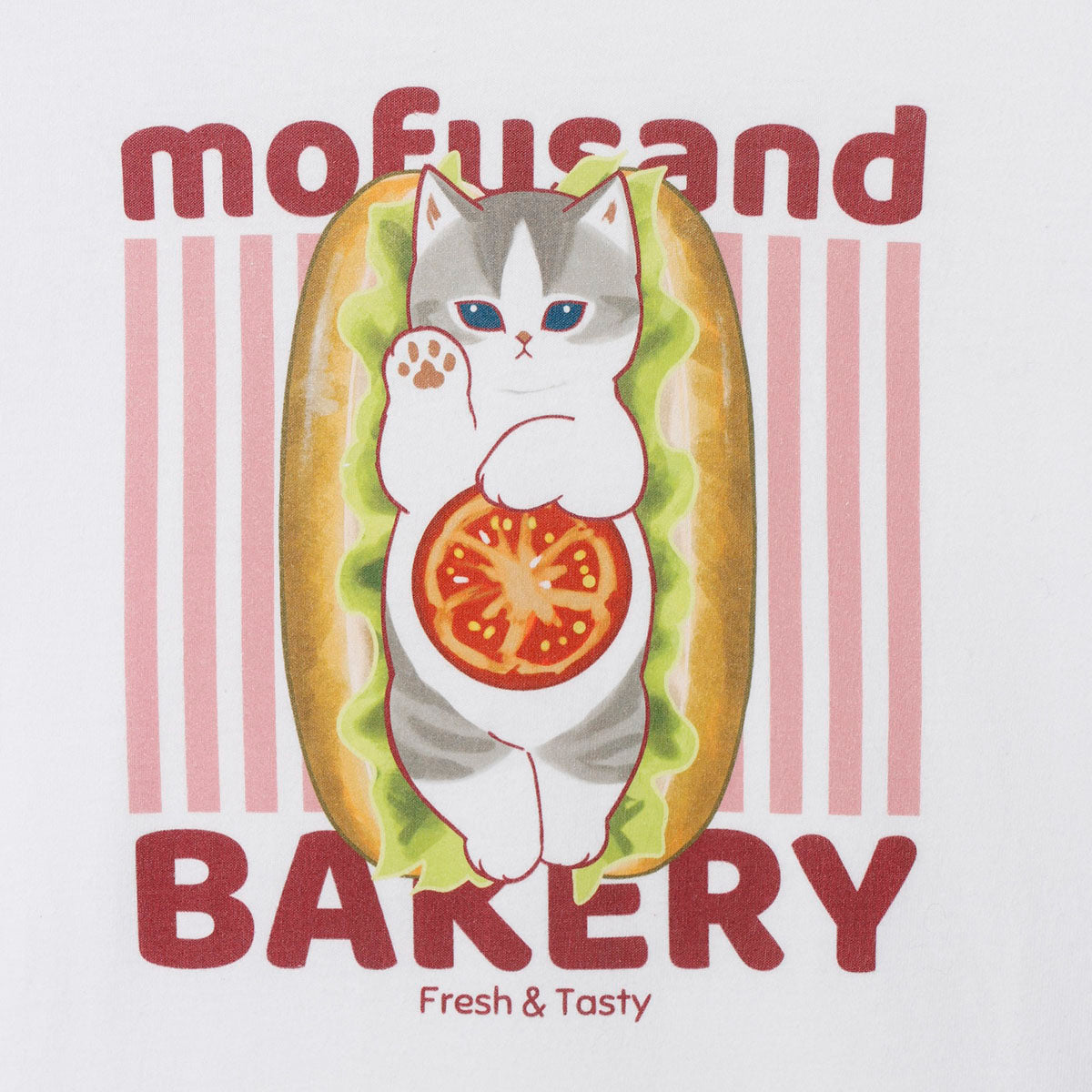 Polera blanca Mofusand: gato sándwich de pan