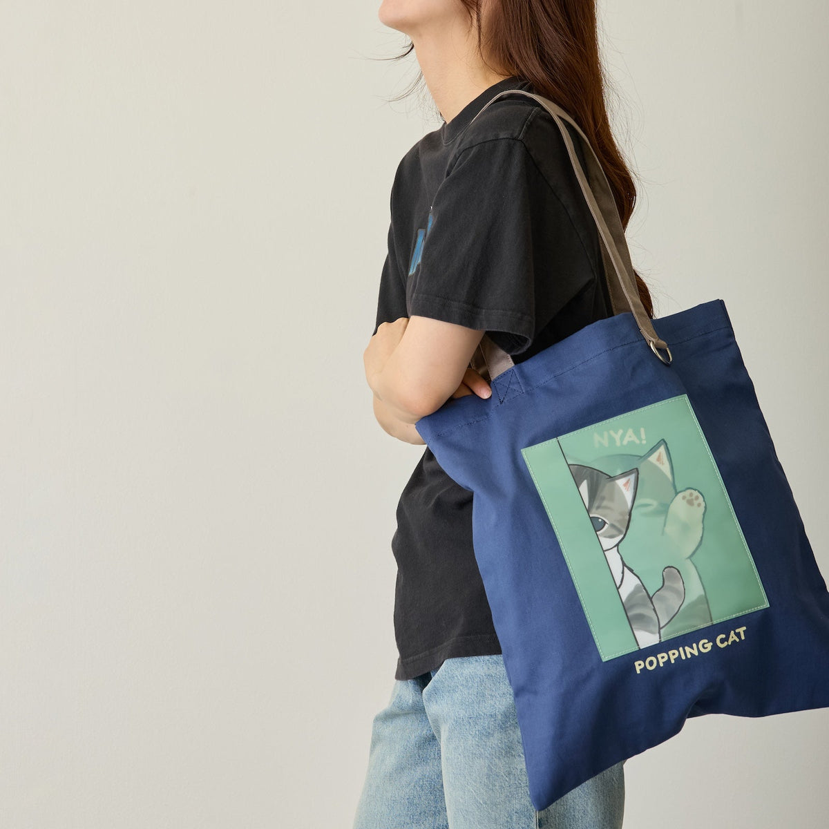 Bolso tote lenticular mofusand Popping Cat azul marino