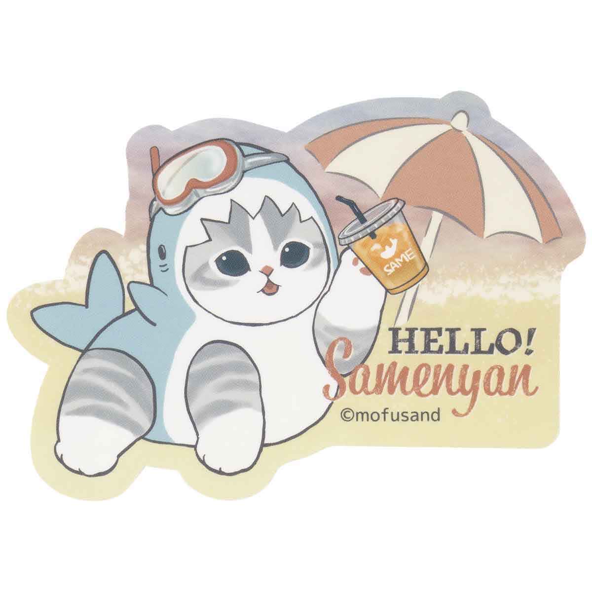 Sticker Mofusand: gatito tiburón en la playa