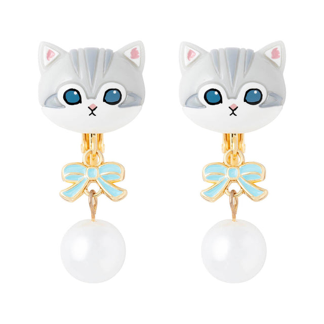 Aros Mofusand con cinta y perlas (gris y blanco)