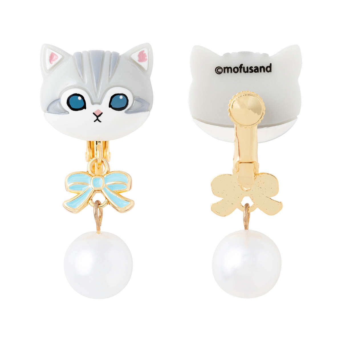Aros Mofusand con cinta y perlas (gris y blanco)