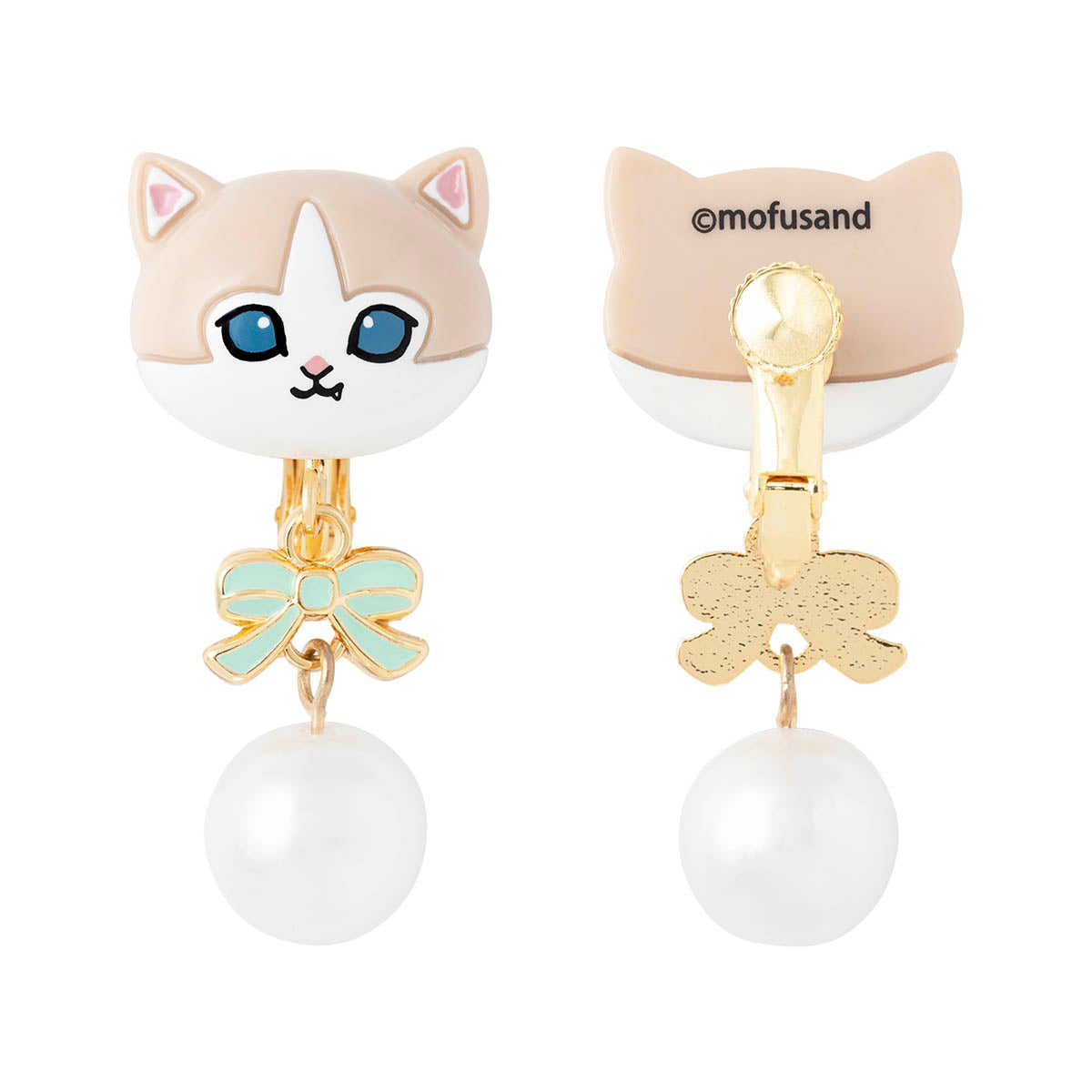 Aros Mofusand con cinta, perla y gato beige