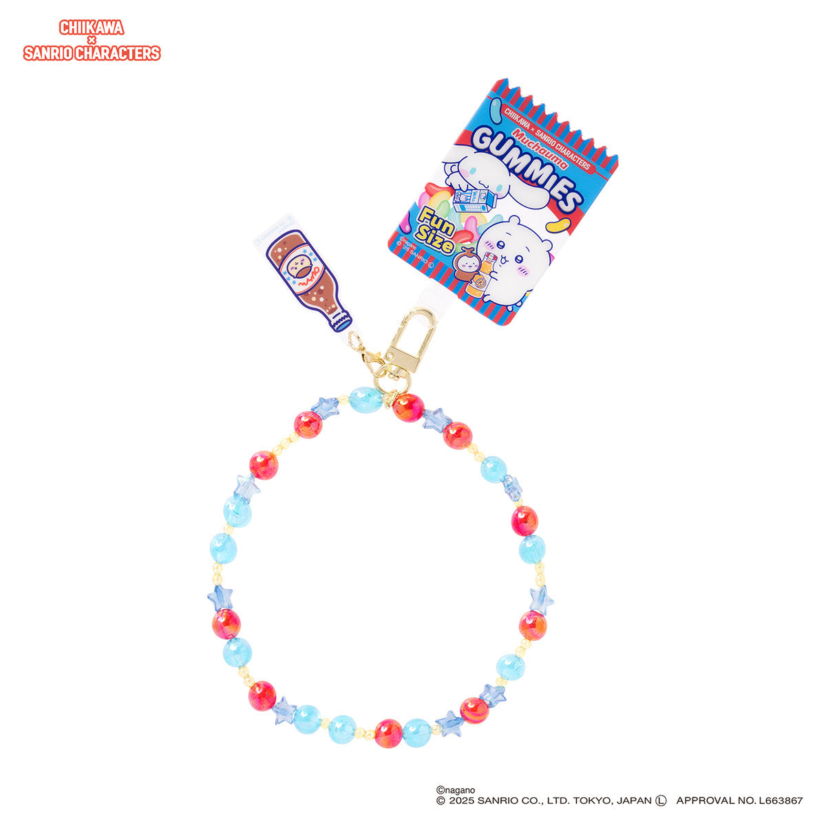 Correa con cuentas para celular Chiikawa y Cinnamoroll