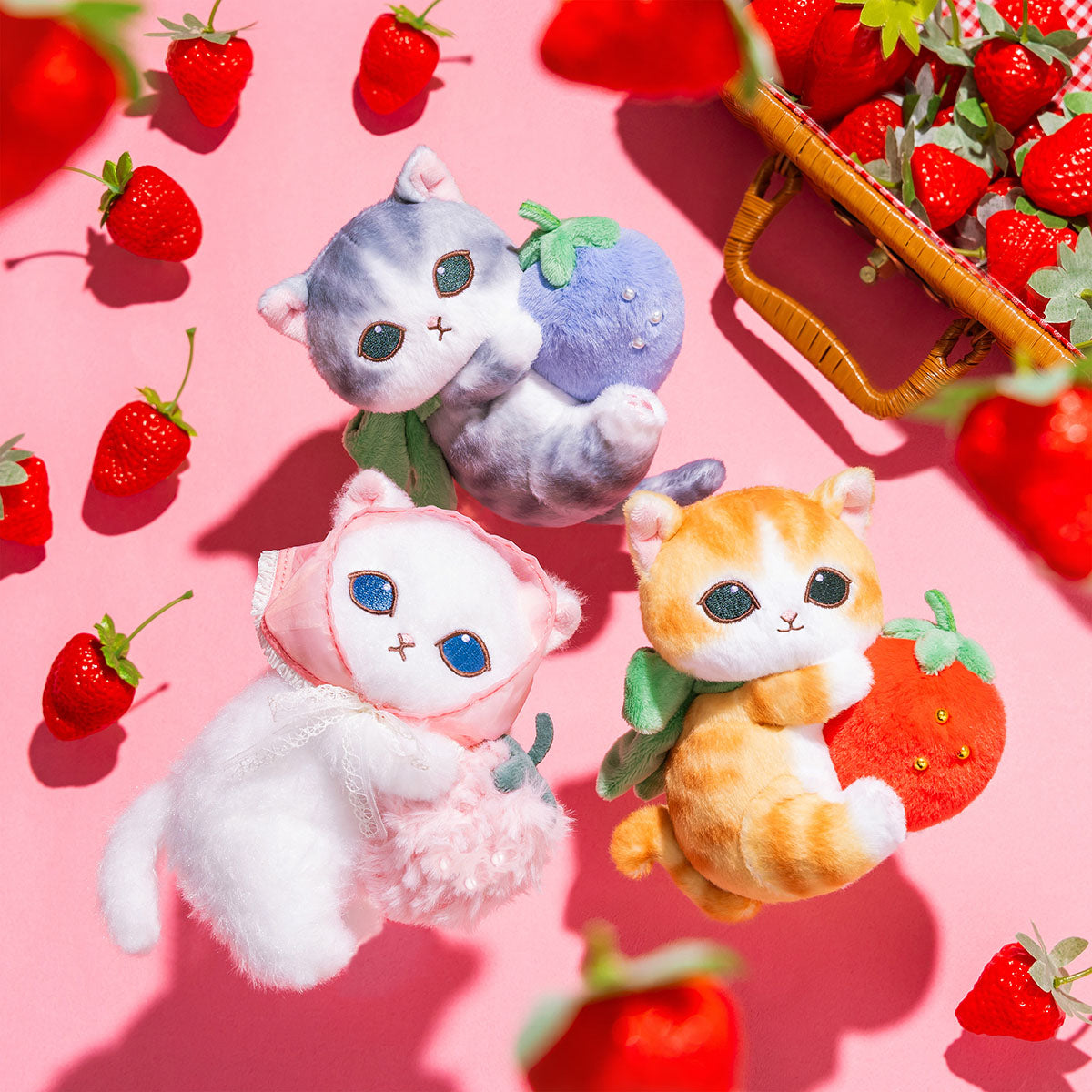 Llavero mofusand Merci Strawberry: gato blanco con frutilla