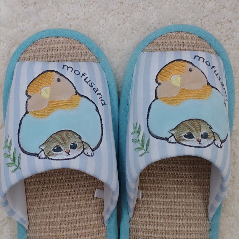 Pantuflas de yute mofusand: periquito y gatito