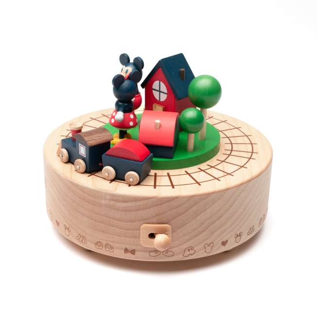 Caja musical de madera con tren de Mickey y Minnie