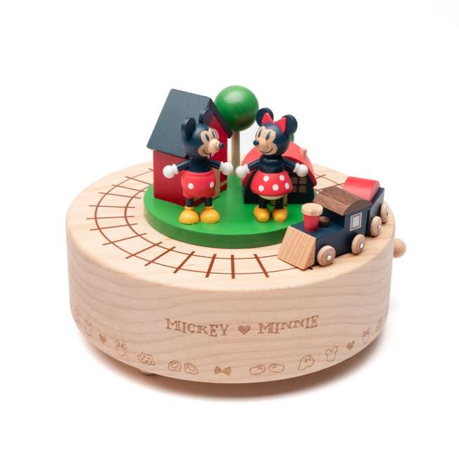 Caja musical de madera con tren de Mickey y Minnie