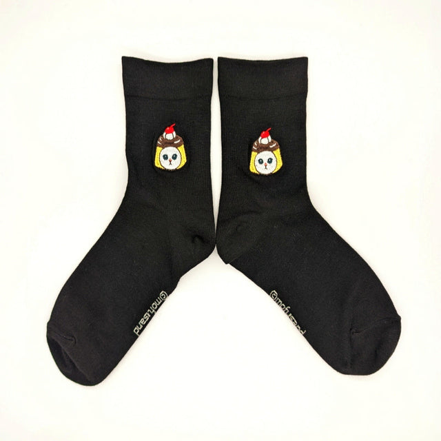 Calcetines negros mofusand con bordado de gatito y pudín