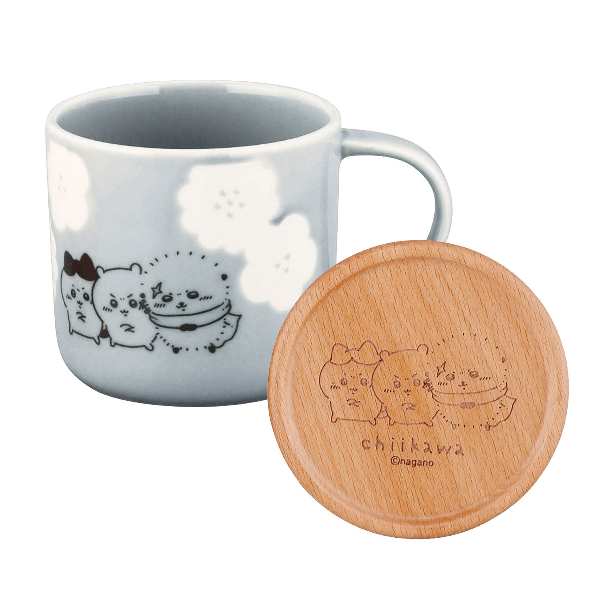 Taza con posavasos Chiikawa Flores felices azul