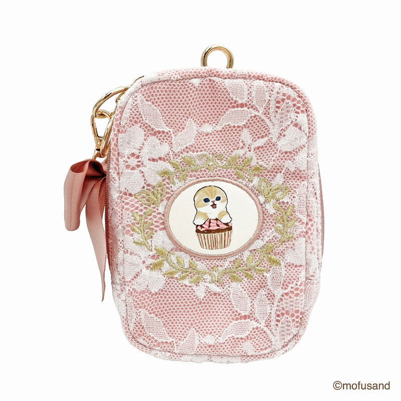 Estuche vertical mofusand con encaje y bordado rosado
