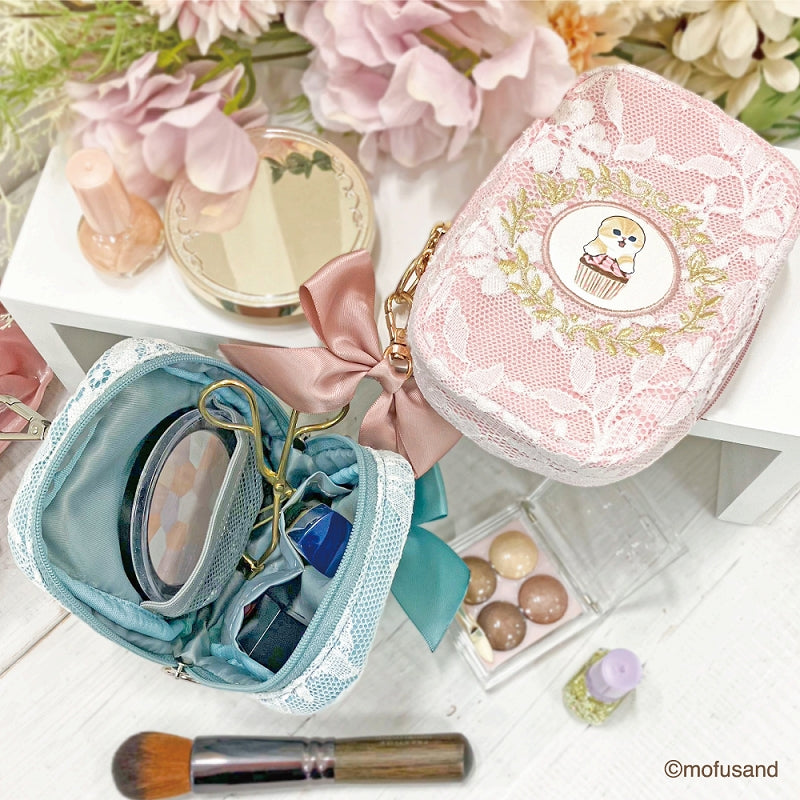 Estuche vertical mofusand con encaje y bordado rosado