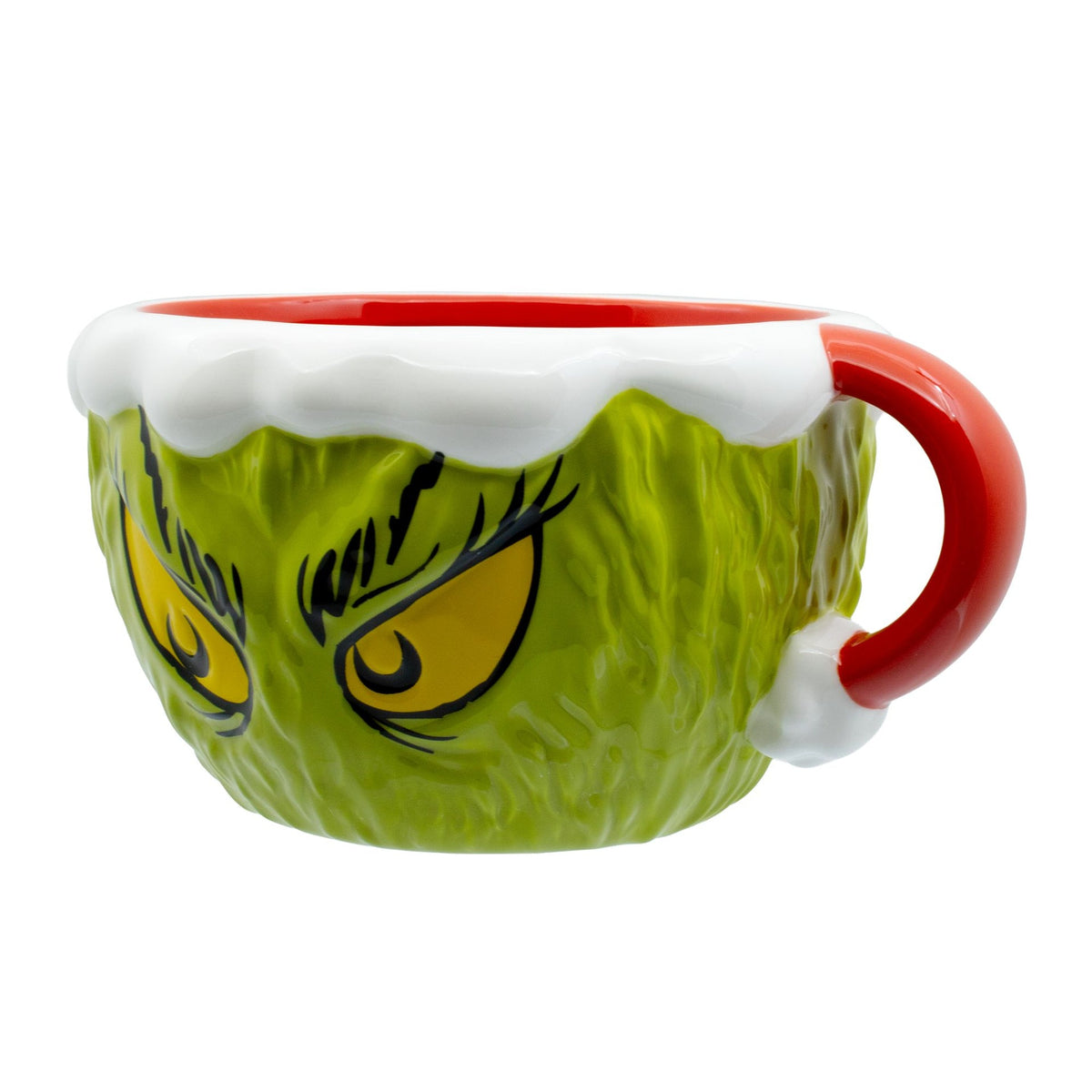 Taza esculpida del Grinch con traje de Papá Noel