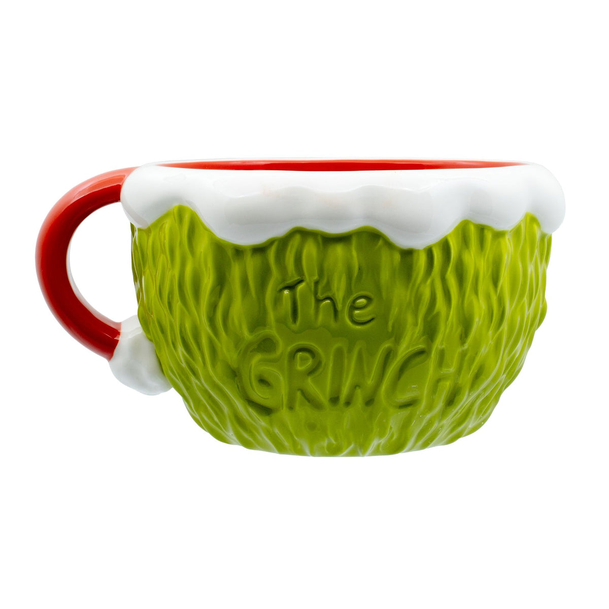 Taza esculpida del Grinch con traje de Papá Noel