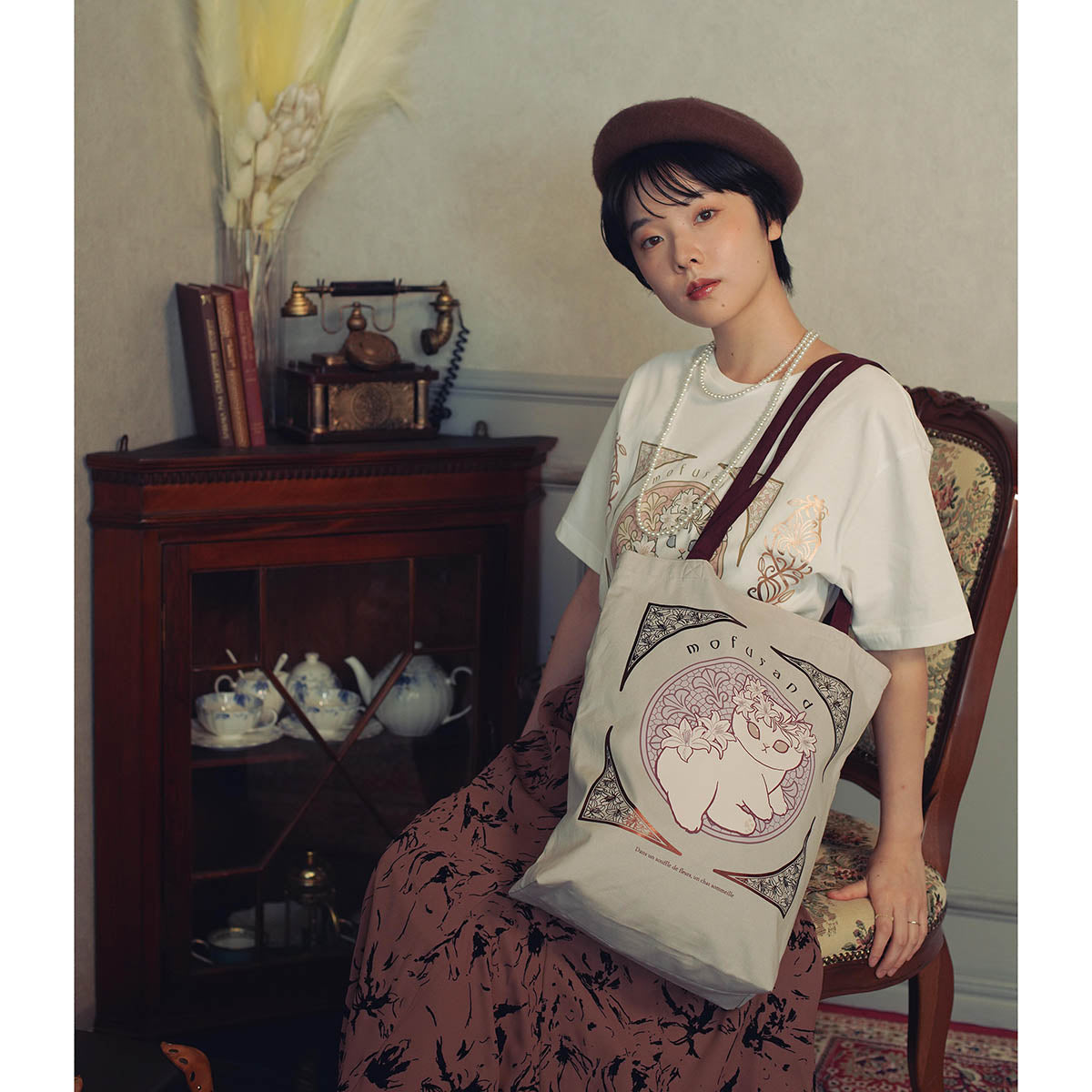 Bolso tote Mofusand estilo art nouveau, rosa empolvado