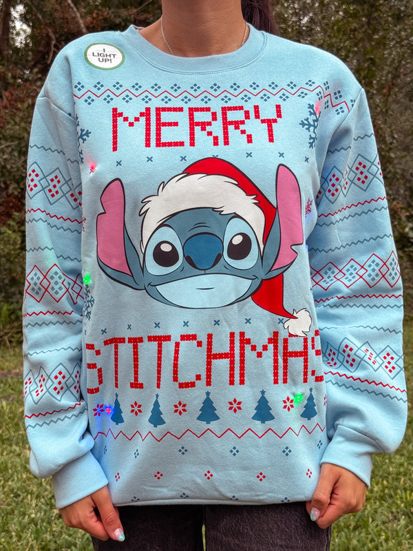 Poleron Navideño con Luces de Stitch Celeste