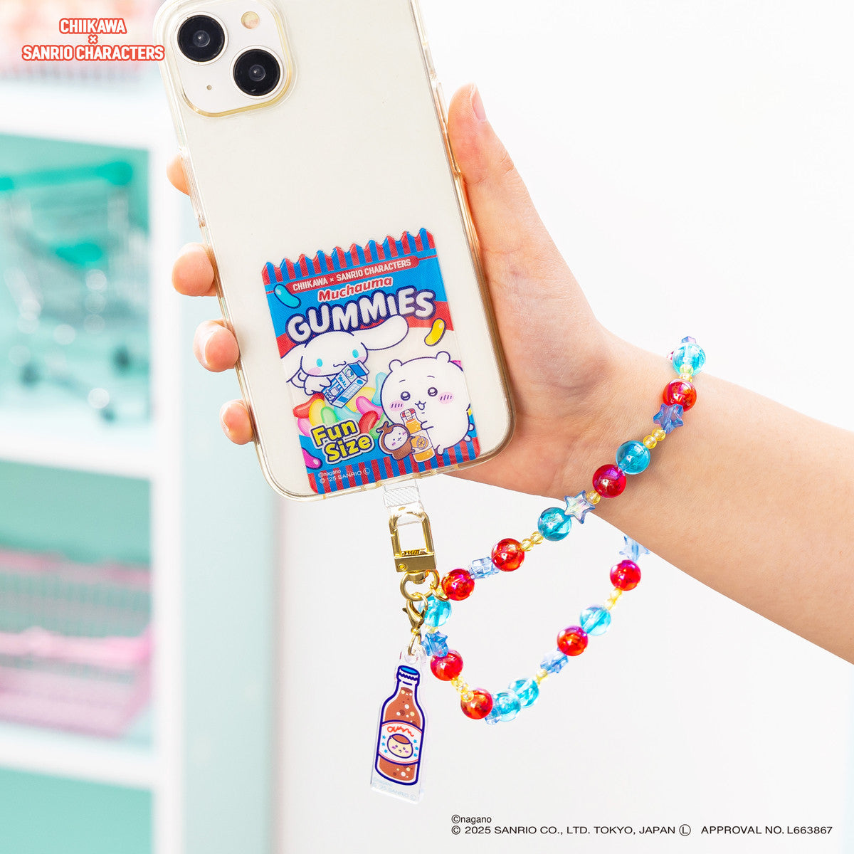Correa con cuentas para celular Chiikawa y Cinnamoroll
