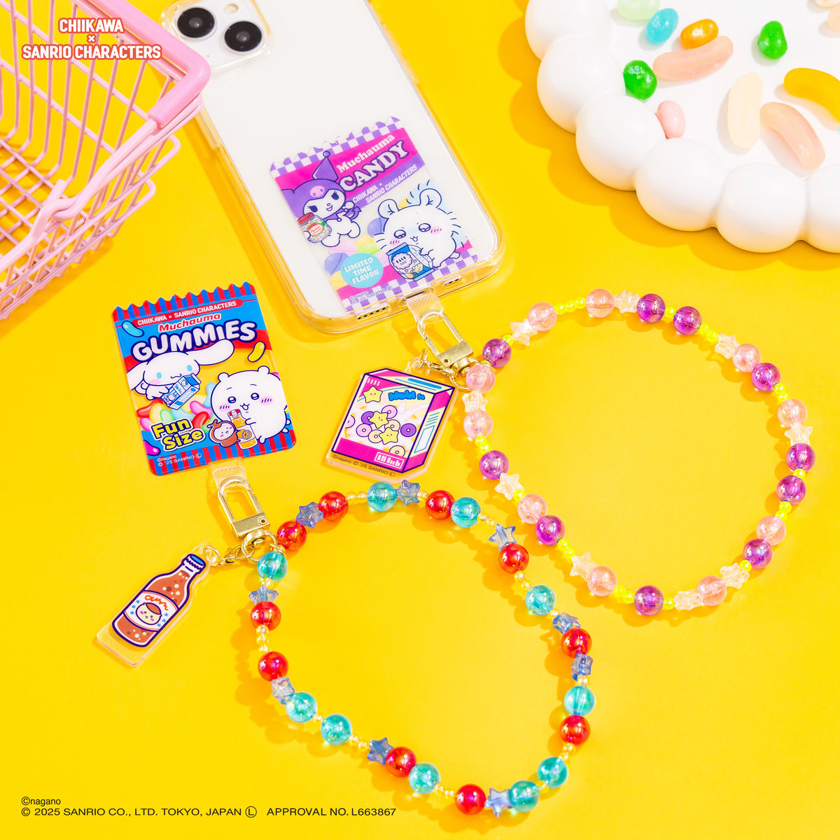Correa con cuentas para celular Chiikawa y Cinnamoroll