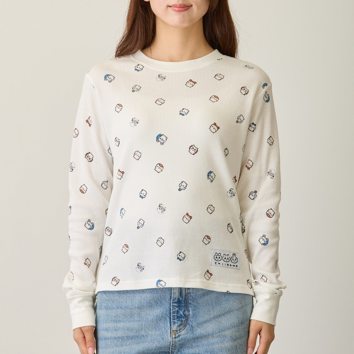 Polera waffle manga larga Chiikawa blanca