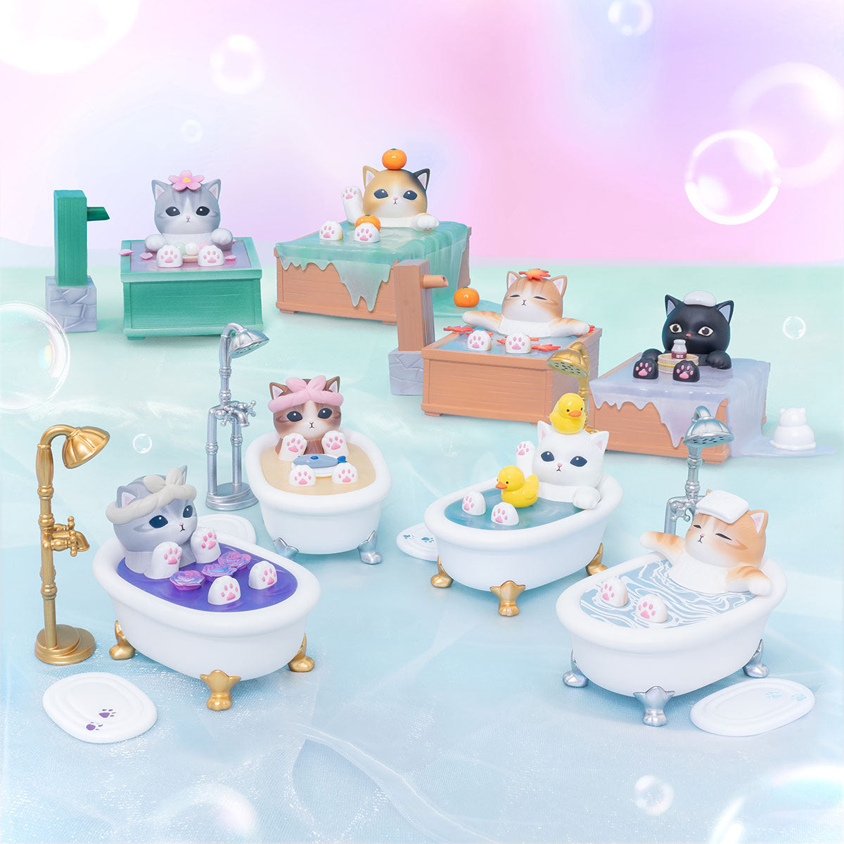 mofusand: colección de figuras gatitos a la hora del baño
