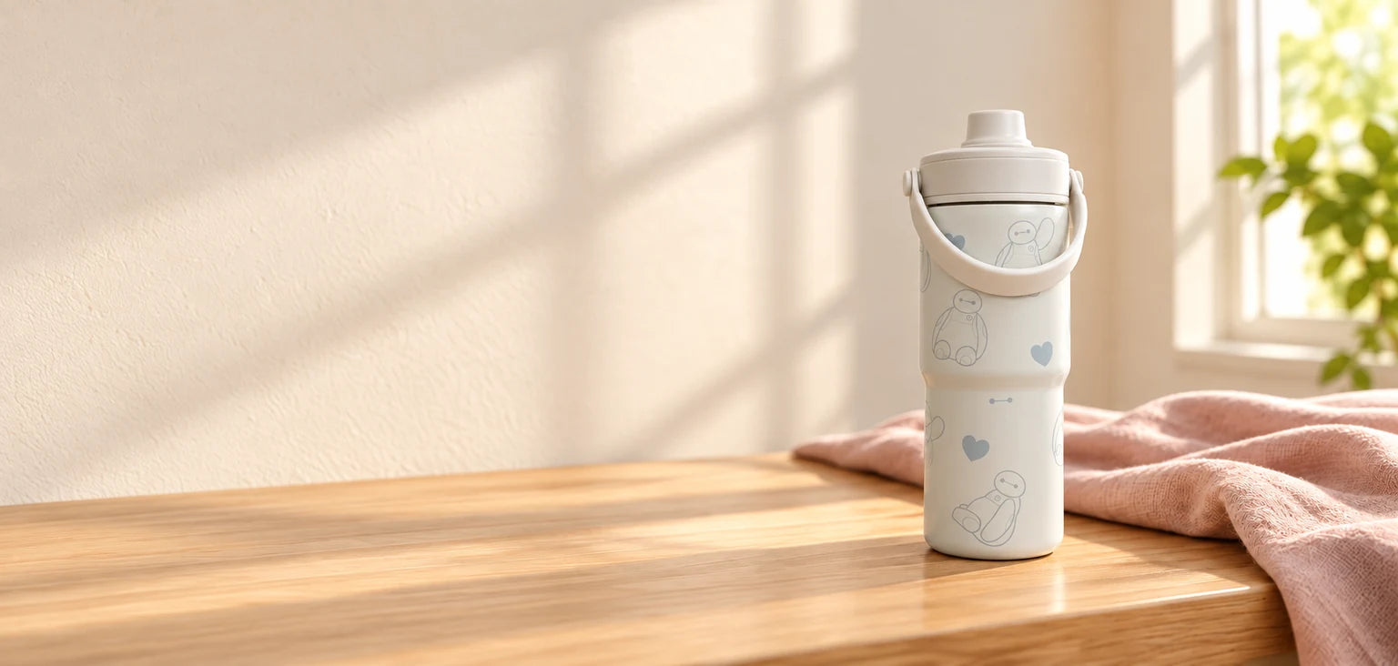 Botella Baymax con asa y corazones sobre una mesa de madera, junto a lino rosa y luz de ventana