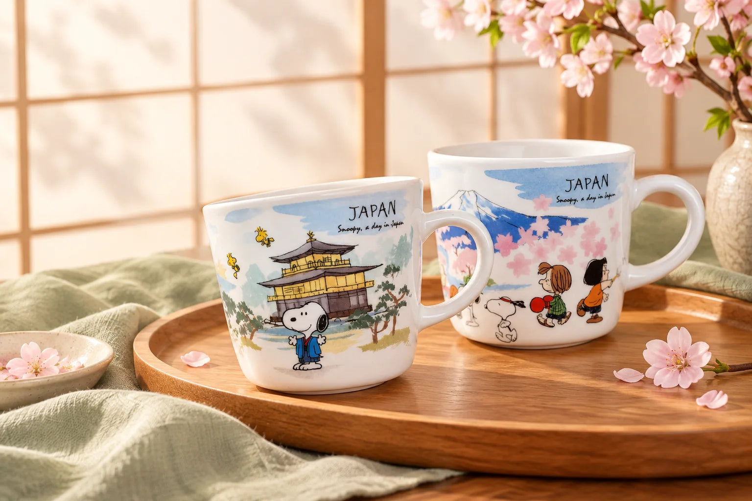 Tazones Snoopy Japón en una composición de té y flores